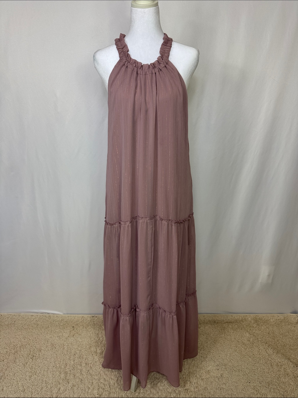Socialite Sleeveless Tiered Maxi Dress Size Medium Metallic Stripes Mauve